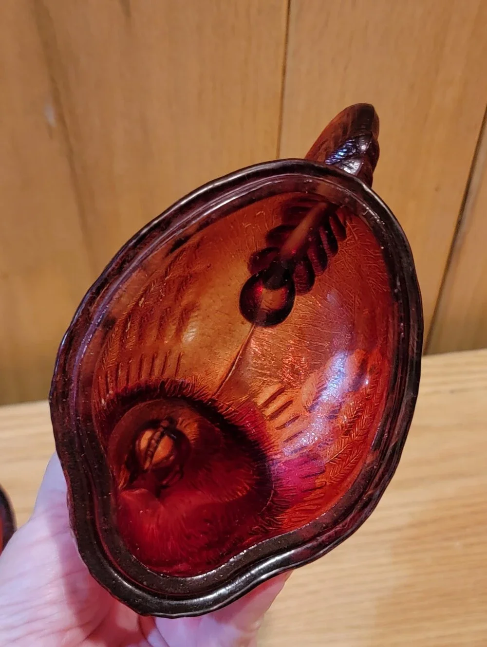 Vintage L.E. Smith Amberina Red Glass Standing Rooster Covered Candy Dish